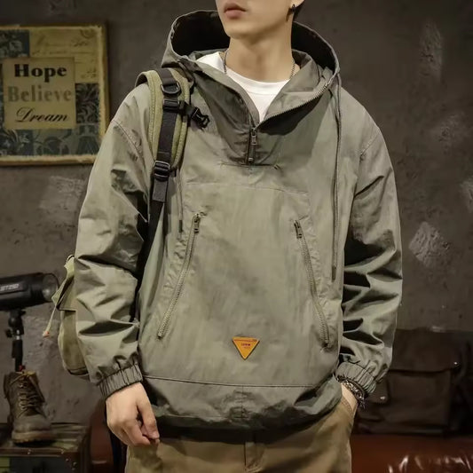 Outdoor Workwear Men's Hooded Punching Clothes Loose Fit Japanese Style Half Zipper Casual Jacket For Spring Autumn