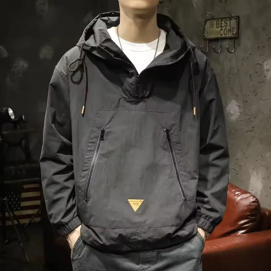 Outdoor Workwear Men's Hooded Punching Clothes Loose Fit Japanese Style Half Zipper Casual Jacket For Spring Autumn